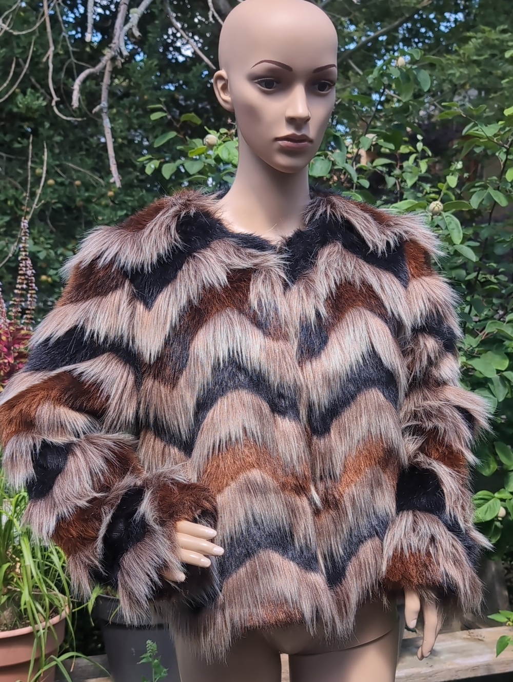 Forever 21 Faux Fur Chevron Jacket in Brown & Black